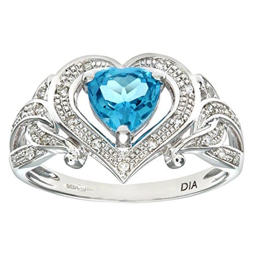 Image of Naava Women's 9 ct White Gold Round Brilliant Cut Diamond and Heart Blue Topaz Ring, Size O