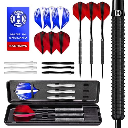 Image of Harrows Caliber 90% Black Tungsten Steel Tip Darts Set I 21g to 30g All Weights Available I Huge 16pcs Bundle with Spare Shafts, Prime Flights & Travel Case (Black 23g)