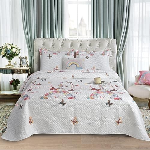 Image of CHARKHAH 3 Piece Reversible Quilted Bedspread Set Lightweight Microfiber Patchwork Floral Quilt with 2 Pillow Shams – 30 Stylish Designs Ideal for Double & King Size Beds 220x240cm (Butterfly Grace)