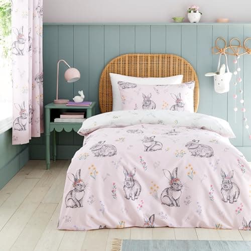 Image of Catherine Lansfield Bunny Tails Ditsy Flowers Reversible Single Duvet Cover Set with Pillowcases, Pink