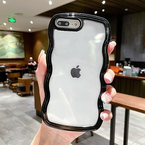 Image of QLTYPRI Compatible with iPhone 7 Plus Case, iPhone 8 Plus Transparent Mobile Phone Case Aesthetic Curly Case Women Girls Cute Wave Design Silicone TPU Bumper Protective Case - Black