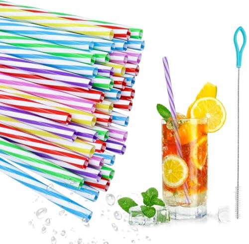 Image of Reusable Plastic Drinking Straws - 50Pcs Party Thick Plastic Straw Candy-Striped Straw with Cleaning Brush for Smoothies, Juice, Cocktail, Hot Drink