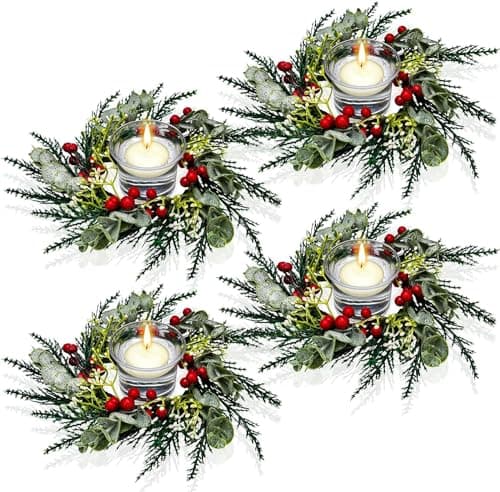 Image of LATERN 4Pcs Christmas Candle Rings, 20CM Artificial Red Berries Wreath Snowy Pine Needles Candle Ring for Pillars Rustic Wedding Centerpiece Front Door Christmas Table Decoration