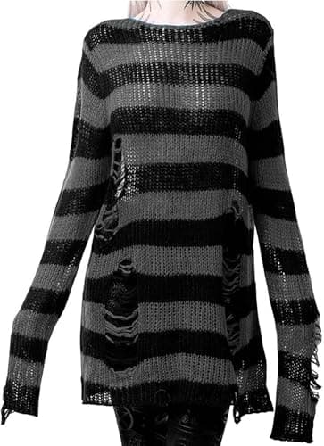 Image of LLECDASEUI Womens Gothic Striped Hole Ripped Long Sweater, Y2K Grunge Hollow Out Knit Jumper, Oversized Distressed Pullover Tops (One Size,Black&Grey)