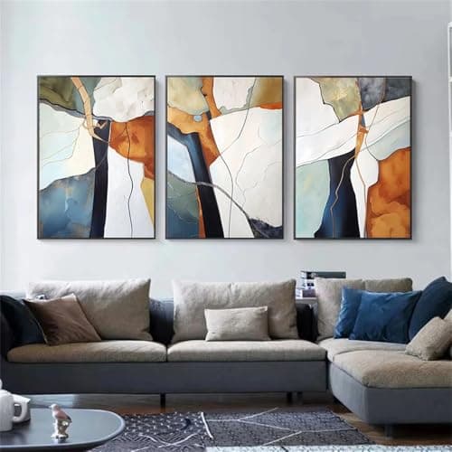 Image of WUHBCZ Canvas Paints-Abstract Blue Orange Color Block Poster Canvas Painting Marble Wall Art Print Nordic Posters Pictures Modern for Living Office Room Decor-60 * 80cm/3PCS (No Frame)