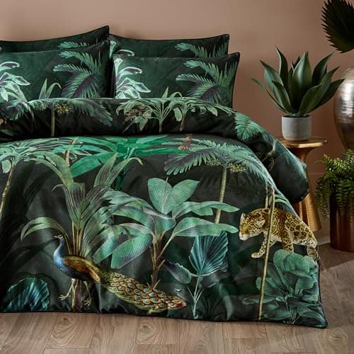 Image of Paoletti Siona Duvet Cover Set – Wild Animals Luxe Cotton Bedding (Midnight Green – Single)