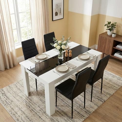 Image of Blisswood Dining Table and 4 Chair Set, PU Leather Chairs, 17mm Thick Table Tabletop 120x80 cm, kitchen table, Modern Design Wooden dining Table Set for Home furniture (White & Black, Black Chair)