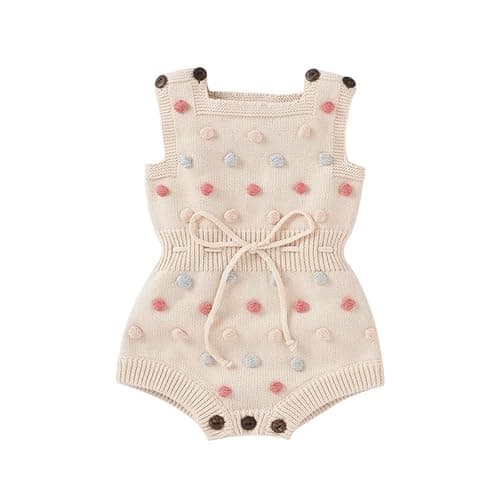 Image of Neiwech Baby Girl Romper Sleeveless Pompoms Knit Rompers Newborn Little Girl Overall Jumpsuit Outfits Clothes Beige 6-12 Months