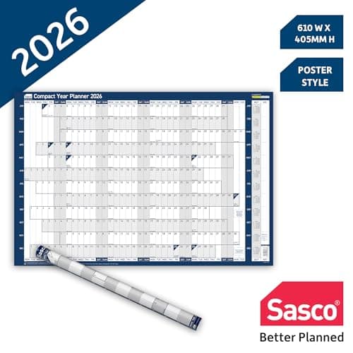 Image of Sasco 2026 Compact Wall Planner – Landscape Year Calendar with Wet Wipe Pen & Stickers, 61x40.5cm, Blue – 2026 Calendar UK & ROI Holidays Marked – Space-Saving for Home or Small Offices