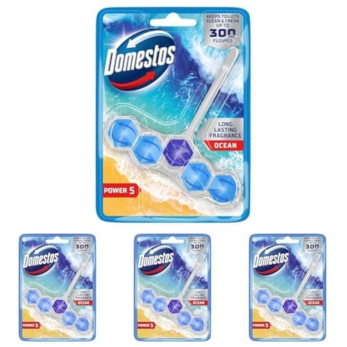 Image of Domestos Power 5 Ocean Toilet Rim Block toilet freshener with a long-lasting fragrance cleans and freshens for up to 300 flushes 50 g (Pack of 4)