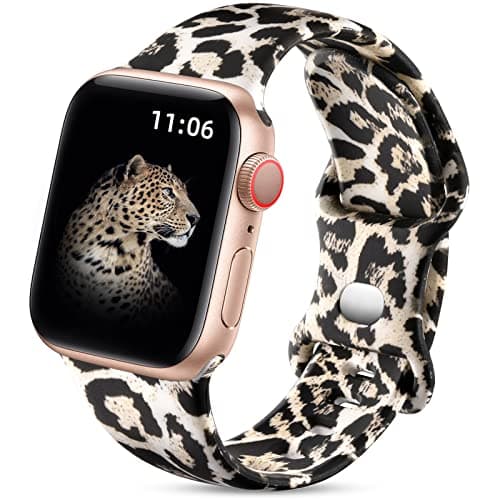 Image of Upeak Double Sided Floral Strap Compatible With Apple Watch Strap 38mm 40mm 41mm 42mm(series 11/10) for Women, Silicone Band for iWatch Series 11/10/9/8/7/6/5/4/3/2/1/SE 3, 38/40/41/42mm-S/M, Leopard