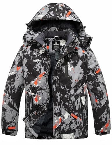 Image of Wantdo Men's Mountain Ski Jacket Waterproof Winter Coat Hooded Windbreaker Warm Snowboarding Jacket Windproof Outdoor Jacket Grey Flora XL