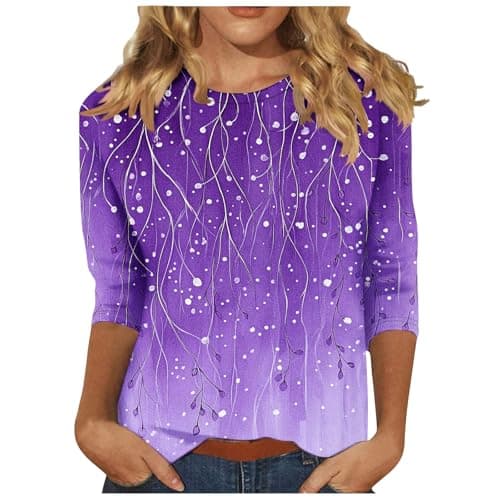 Image of Summer Tops for Women UK Boho Tops for Women UK Loose Fit 3/4 Sleeve Crewneck Shirts Vintage Print Blouse Slim Fit Beach Vacation Purple Blouses for Women UK Elegant for Wedding S
