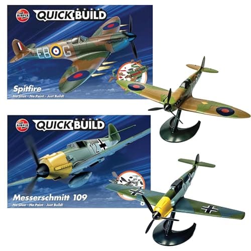 Image of Airfix - QUICKBUILD Model Aircraft Kits - J6972 Spitfire & Messerschmitt Bf109 Model Building Kit for Kids 6+, Construction Plane Toys for Boys & Girls - Toy Aeroplane Sets, Plane Enthusiast Gifts