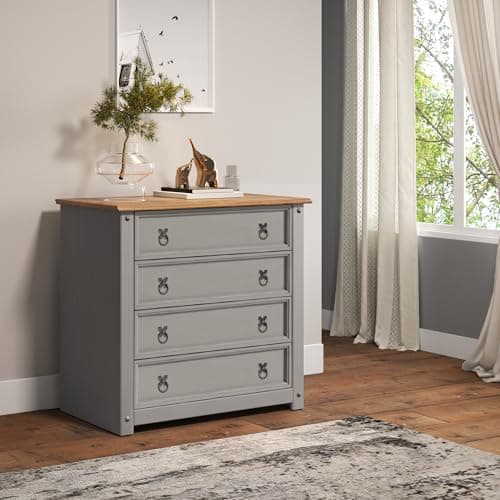 Image of Corona Solid Wood Pine Grey Painted Wax Small 4 Drawer Chest Wooden Bedroom Storage Unit Mexican Style Mercers Furniture 73cm High 80cm Wide 41cm Deep