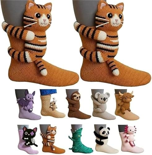 Image of Qoobom 3D Knit Animal Socks, 2026 New Novelty Floor Sock for Christmas, Cute Novelty Animal Hand Crochet Knit Sock, Winter Warm Winter Breathable Anti-Sweat Socks for Adults (Cat)