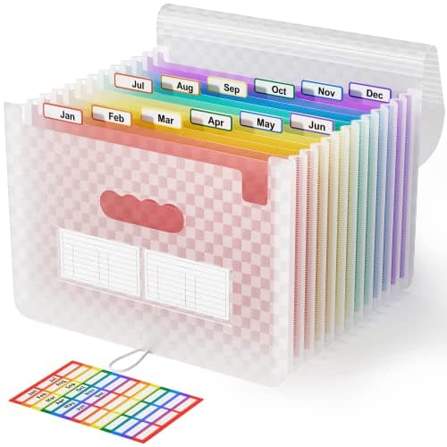 Image of ABC life A4 Expanding File Organiser with Grid Pattern,13 Pockets Expandable Filling Boxes Documents Organiser,Accordion A4 Desk Folders,Portable Rainbow Files Wallets Plastic Bills Storage Bag(Pink)