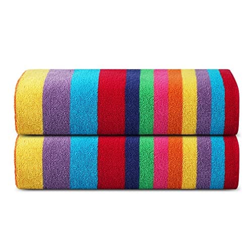 Image of SweetNeedle Beach Towels for Adults Pack of 2 - Miami Vibe Multi Cabana Stripe Classic - 100% Cotton Terry Ringspun Pool Towel, Quick Dry, Super Absorbent Swimming large towel, 100x150 cm