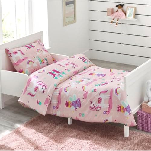 Image of Bloomsbury Mill – Kids Cot Bed Duvet Cover and Pillow Case Set - Unicorn, Princess & Rainbow Reversible Toddler Bedding for Girls– 120 x 150 cm