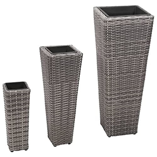 Image of vidaXL 3x Garden Raised Beds - Poly Rattan Grey Planter Box Set - Outdoor Flower Pot Planters with Steel Frame and Removable Plastic Pots