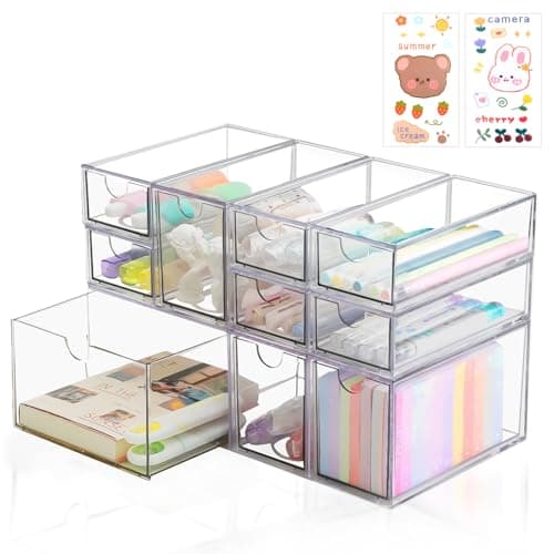 Image of Jiayaus Desk Organizer with 10 Drawers, Clear Acrylic Makeup Organizer, Stackable Desktop Storage Box with Removable Drawer Suitable for Storing Cosmetics, Jewellery, Sunglasses and Office Supplies