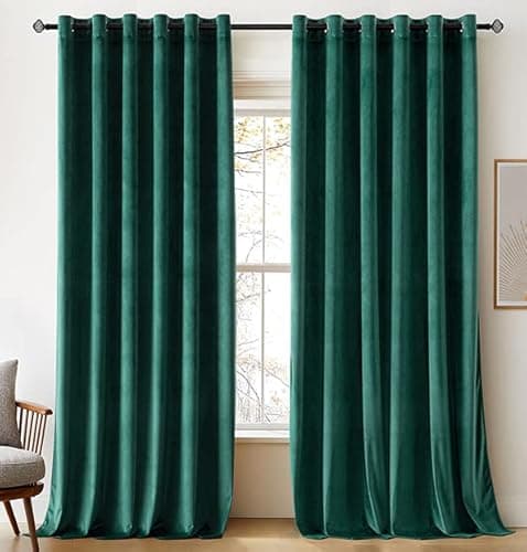 Image of Woaboy Velvet Curtains 90 Drop Dark Green Curtain for Living Room Thermal Blackout for Bedroom Luxury Eyelet Drapes Soft Window Treatment Insulated Soundproof & Room Darkening W 90 x L 90 2 Panels