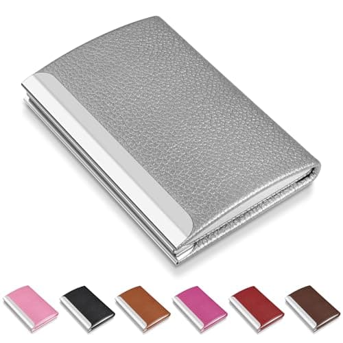 Image of NANXJIUR Business Card Holder, Metal Case Pocket, Holder for Women & Men, Professional PU Leather Holders RFID Blocking Name with Magnetic Clasp (Grey)
