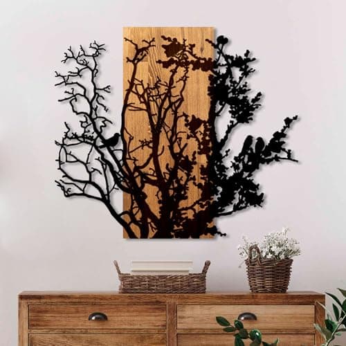 Image of Elegant Decorative Wooden Wall Accessory, Walnut & Black, 68 x 58 x 3 cm, 50% Wood (3 cm) & 50% Metal (1.5 cm), Unique Design for Modern Spaces