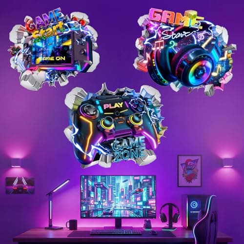 Image of Peelora 3D Gaming Wall Stickers Colorful Gamer Controller Video Game Joystick Headphones Wall Decals Boy Kids Bedroom Teenagers Playroom Home Decor Stickers