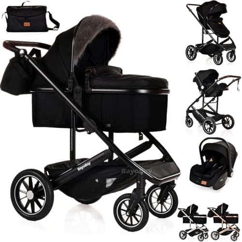 Image of 3 in 1 Travel System Baby Pram Buggy with Car Seat Pushchair Carriage Child Lightweight Folding Stroller for Newborns Toddlers from Birth up to 22kg New 2025 Style (BB1 - Black - Black, BB1)