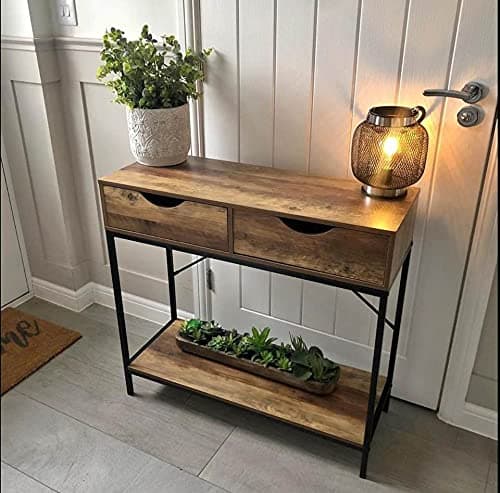 Image of Dylex 2 Drawer Console Table Black Metal Frame & Wooden Drawers and Shelf Furniture