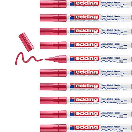 Image of edding 751 gloss paint marker - red - 10 paint markers - round tip 1-2 mm - paint pen for glass, pebbles, wood, plastic, paper - waterproof, high coverage