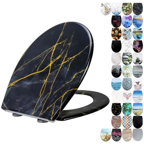 Image of Fanmitrk Duroplast Toilet Seat Soft Close -Black Color,Quick Release Toilet Lid with Top Fixing,Black Marble Effect(UF819-13X)