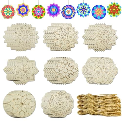 Image of 40 Pack 4 Inch Unfinished Wood Mandala to Paint Wooden Mandala Painting Crafts Art Slices for for Door Hanger Decor Halloween Christmas Wedding Birthday Party Thanksgiving Day Decoration