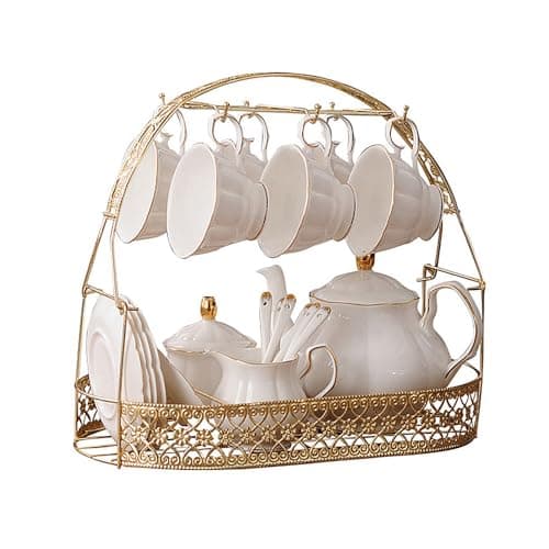 Image of fanquare 15 Pieces Simple White English Ceramic Tea Sets,Tea Pot,Bone China Cups without Metal Holder,Matching Spoons,Afternoon Tea Set Service Coffee Set