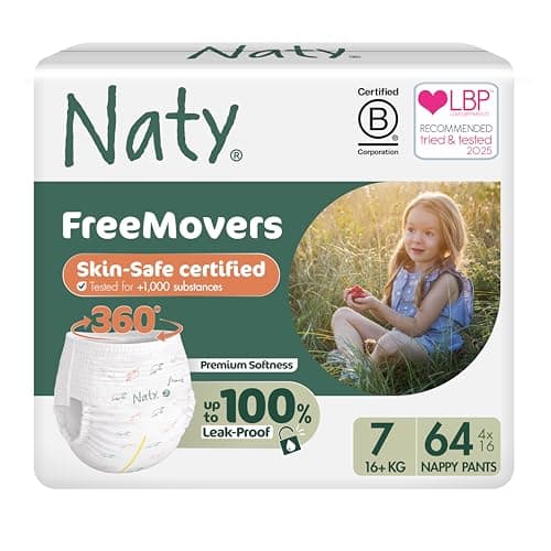 Image of Naty FreeMovers Nappy Pants | Sensitive Skin Certified Potty Training Pants | Soft, Fragrance Free | Absorbent & Leak-Proof | Unisex Baby & Toddler | Size 7 (16+ kg), 64 Count