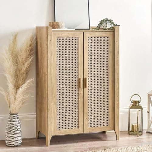 Image of Julian Bowen Sydney Shoe Cabinet - Faux Rattan Print Effect Storage Cupboard with 5 Shelves, Wooden Sideboard for 15 Pairs of Shoes, Hallway and Entrance - 120 x 80 x 41cm