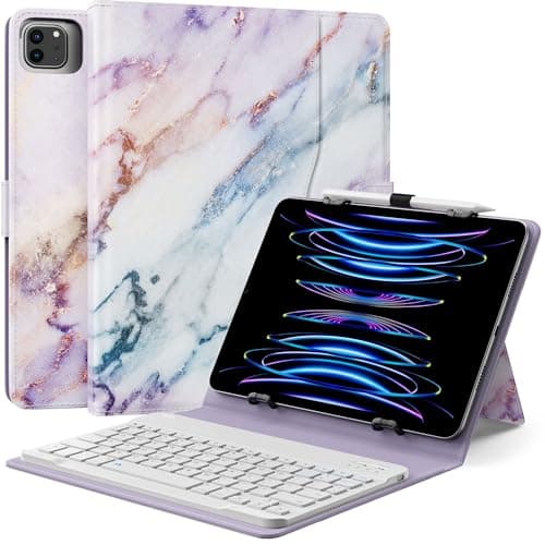 Image of MoKo Universal Tablet Case with QWERTY Keyboard for 9",9.7",10.1",10.2",10.4",10.5",10.9",11" Tablets, with Removable Wireless Bluetooth Keyboard&Pen Holder for iPad Samsung Fire Pixel, Purple Marble