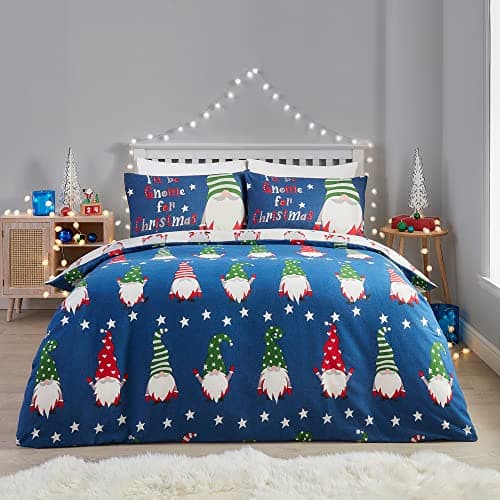 Image of Fusion Christmas Gnome Duvet Cover Set – Single Size in Navy – 100% Brushed Cotton Bedding – Festive Nordic Design – Soft & Cosy Winter Quilt Cover for Kids & Adults – Reversible Xmas Bedding