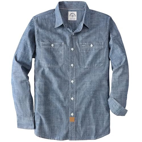 Image of Dubinik® Chambray Shirt Men Cotton Mens Button Up Shirts Long Sleeve Casual Work with 2 Pockets Regular Fit Denim Blue