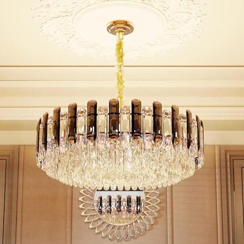Image of LUVODI Modern Luxury Round Crystal Chandelier: 40cm 3-Tiers Ceiling Hanging Pendant Light with 6 Bulbs - Contemporary Lighting Fixture Lamp for Kitchen Island Bedroom Transparent Grey