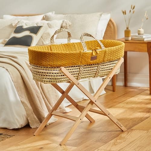 Image of The Little Green Sheep Moses Basket with Stand - Organic Knitted Bassinet Made with Natural Palm Leaf, Mattress and Natural Foldable Stand, Free From any Nasties, Durable and Lightweight, Honey