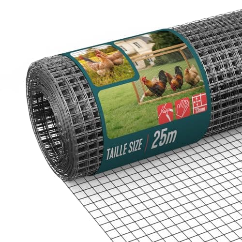 Image of VOUNOT® PVC Coated Welded Wire Mesh Roll 1 x 25m, 13mm Mesh, 0.8mm Wire Thickness, Metal Garden Fencing for Small Animals, Poultry, Chicken Coop, Grey