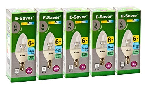 Image of E-Saver - LED C37 Clear Candle 6w- Led Light Bulbs - (Pack of 5) - 4200k Cool White LED Bulbs - E14 - Small Edition Screw (SES) - Replaces 60w Halogen Candles - New Chip Technology - Non Dimmable