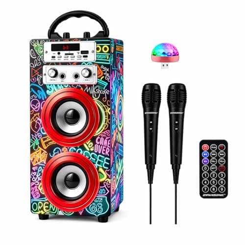 Image of DYNASONIC Karaoke Machine with 2 Microphones, Portable Bluetooth Speaker with Lights, USB and SD Reader, Gift for Children (Model 21 lights)