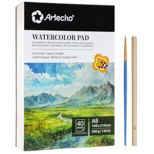 Image of Artecho Watercolour Paper A5 Pad 40 Sheets with Watercolour Brush and Pencil, Water Colour Paper 300gsm, Art Paper Pad, Watercolour Sketchbook for Painting, Drawing, Sketching and Mixed Media
