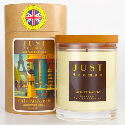 Image of Just Aromas Paris Pâtisserie Luxury Scented Candle – Pain au Chocolat Bakery Scent, Rapeseed & Coconut Wax, 100% Cotton Wick (Lead-Free), 35+ Hour Burn, UK Hand-Poured, 150g, Gift Tube