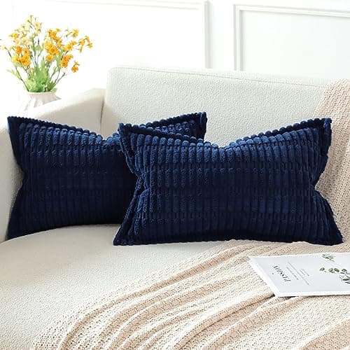 Image of Artscope Dark Blue Cushion Covers Set of 2 Corduroy Decorative Square Striped Pillowcase with Stitched Edge Pillow Covers 30x50cm for Home Decor Sofa Bedroom Car