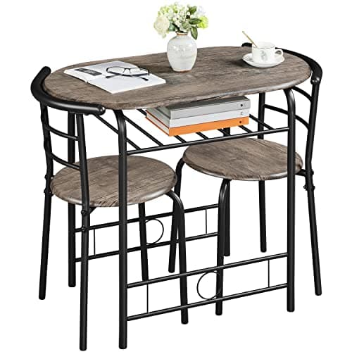 Image of Yaheetech 3 Piece Dining Room Set, Modern Round Dining Table & Chairs Set for 2, Compact Breakfast Bar Table Set with Metal Legs and Shelf, Built-in Wine Rack for Dining Room, Living Room, Drift Brown