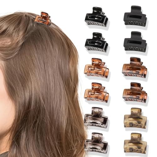 Image of NICECONE 12 Pcs Small Hair Claw Clips, Matte & Glossy Rectangle Clips 2.5cm, Non-Slip Strong Hold for Women Girls, Black & Leopard Colors